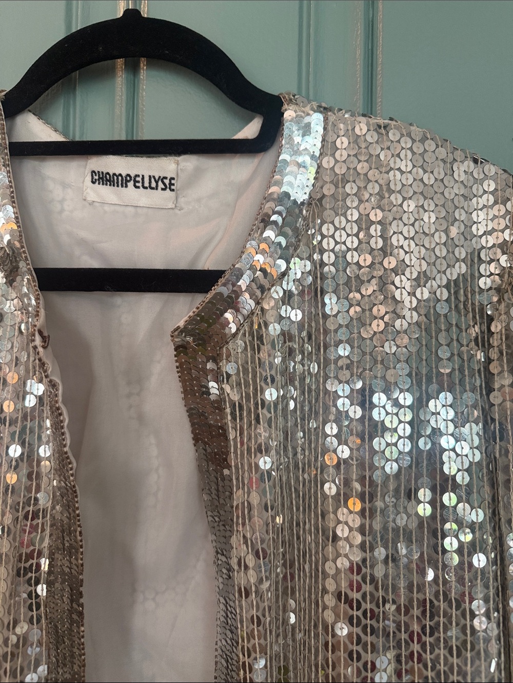 Vintage 70s 80s Champ Ellyse Silver Sequin Blazer Jacket w Disco Festival Vibes - Picture 4 of 12